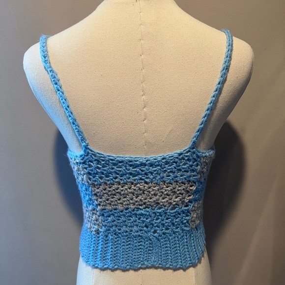 Blue and Gray Checkered Knit Crochet Crop Top Size Small - Picture 2 of 3